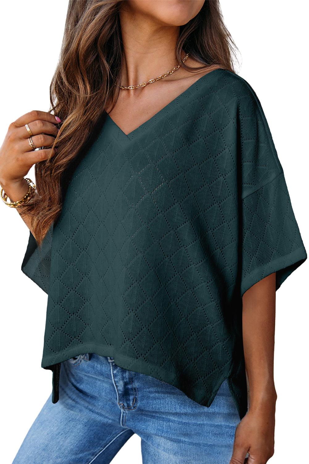 Blackish Green V Neck Knitted Flowy Blouse - L & M Kee, LLC