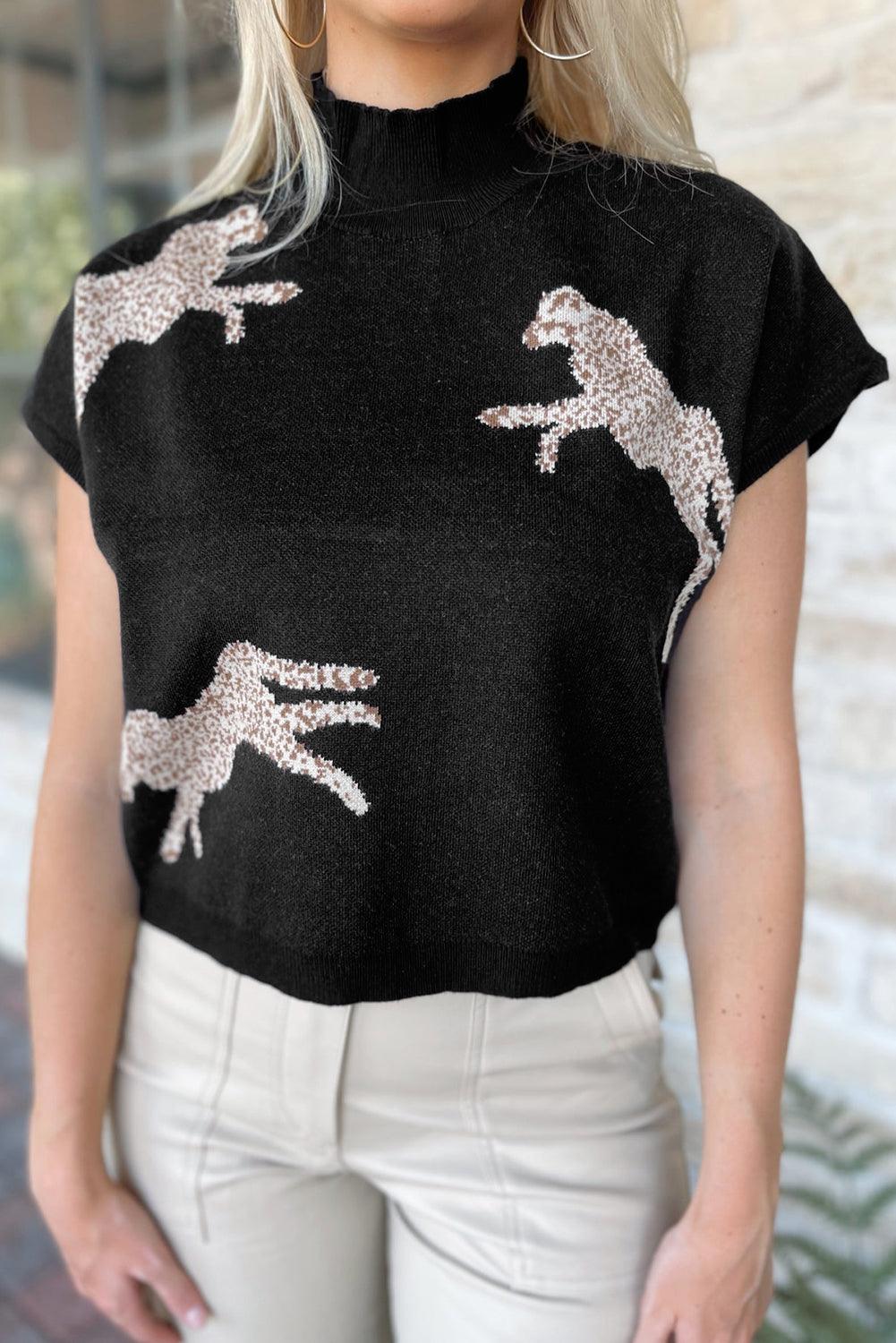 Black Lively Cheetah Pattern High Neck Short Sleeve Sweater - L & M Kee, LLC