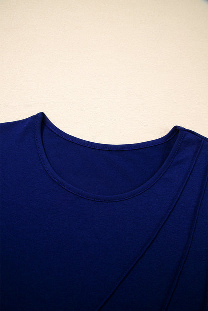 Navy Blue Asymmetric Seam Detail Solid Color Long Sleeve Top