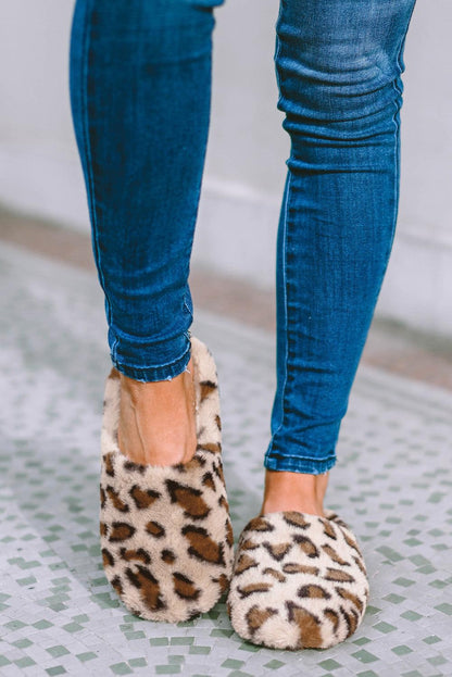 Camel Leopard Print Fuzzy Home Slippers - L & M Kee, LLC