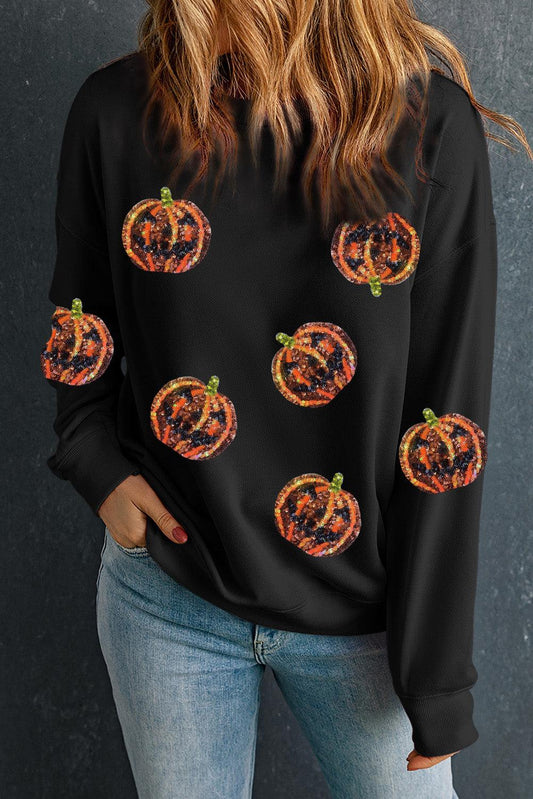 Black Sequin Halloween Pumpkin Graphic Pullover Sweatshirt - L & M Kee, LLC
