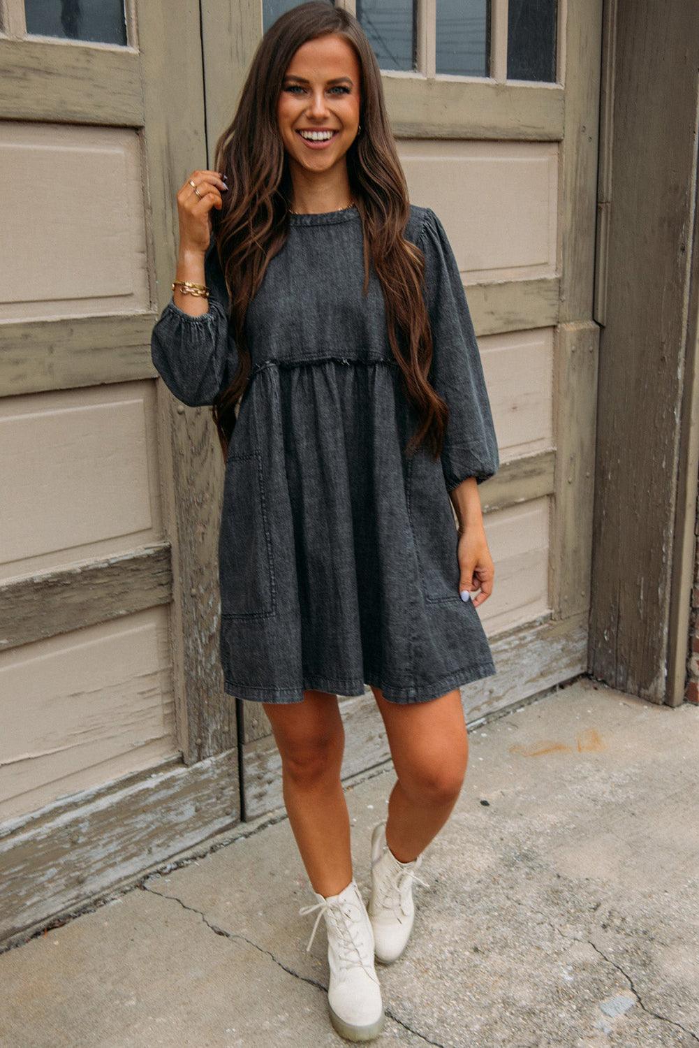 Black Balloon Sleeve High Waist Denim Dress - L & M Kee, LLC