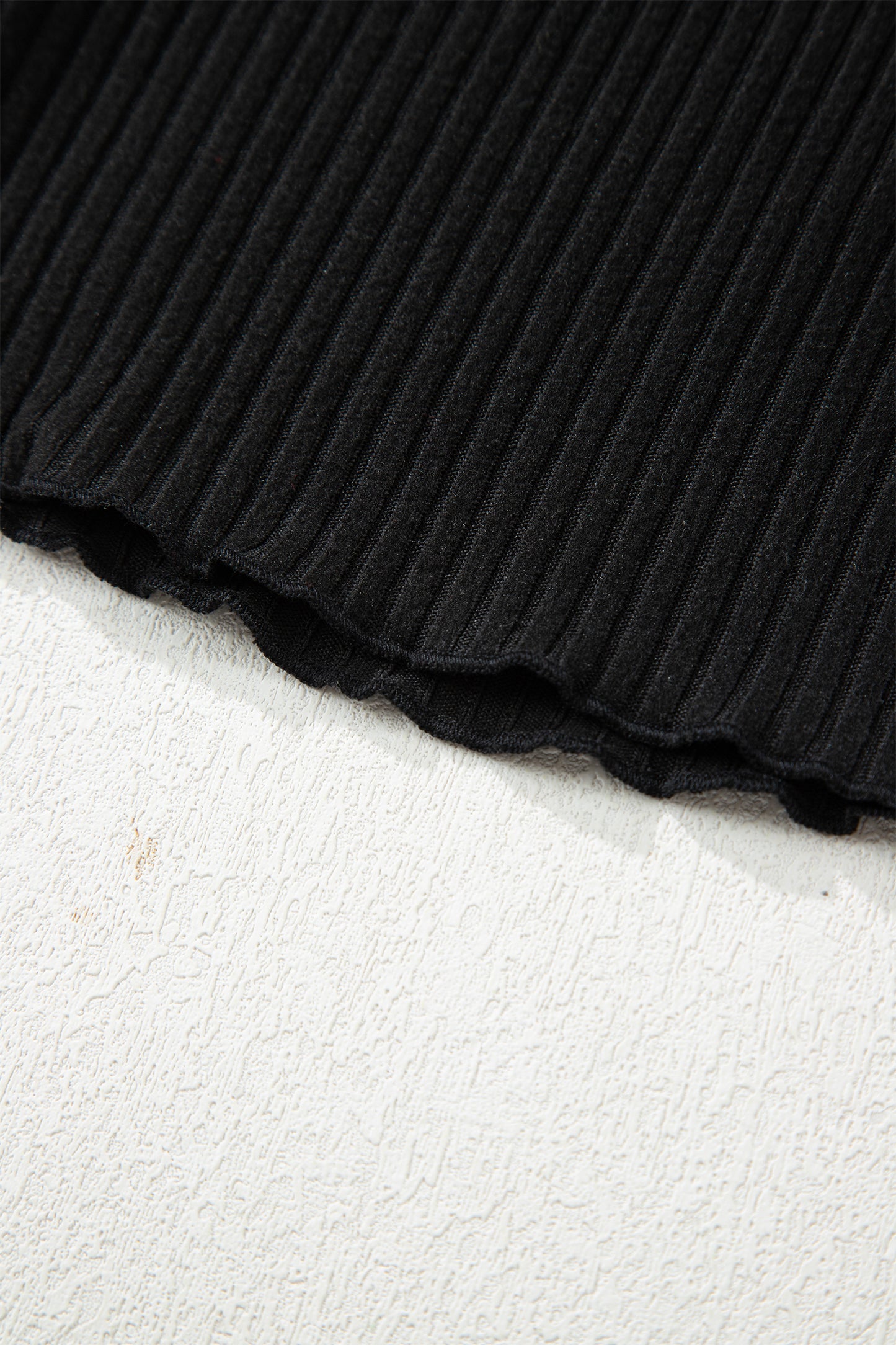 Black Lace Neckline Button Decor Lettuce Edge Long Sleeve Ribbed Top