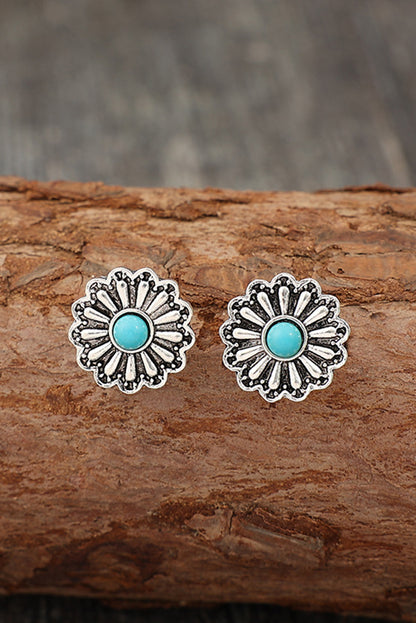 Silvery Western Turquoise Inlay Flower Stud Earrings