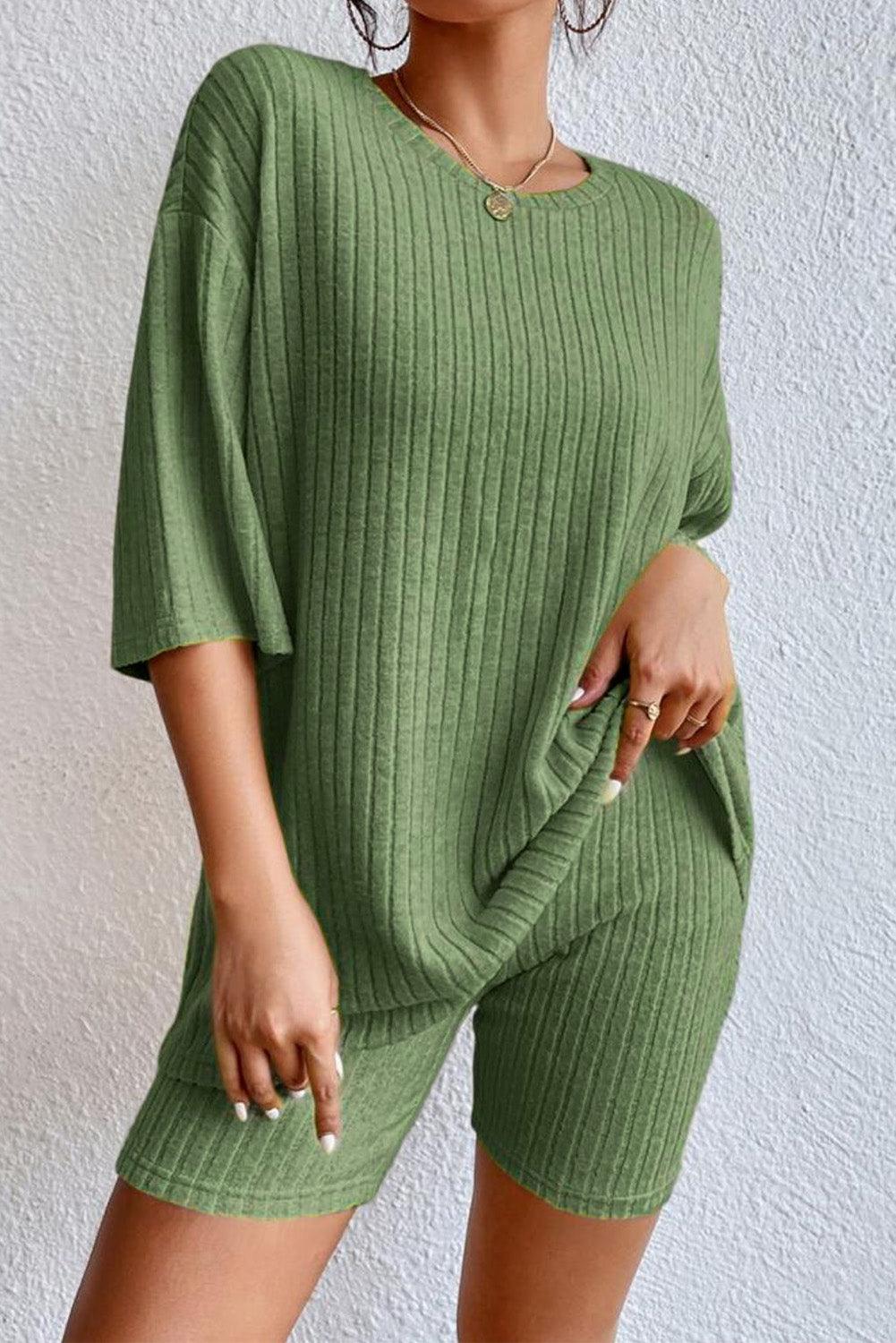 Khaki Ribbed Knit Bell Sleeve Crop Top Drawstring Pants Set - L & M Kee, LLC