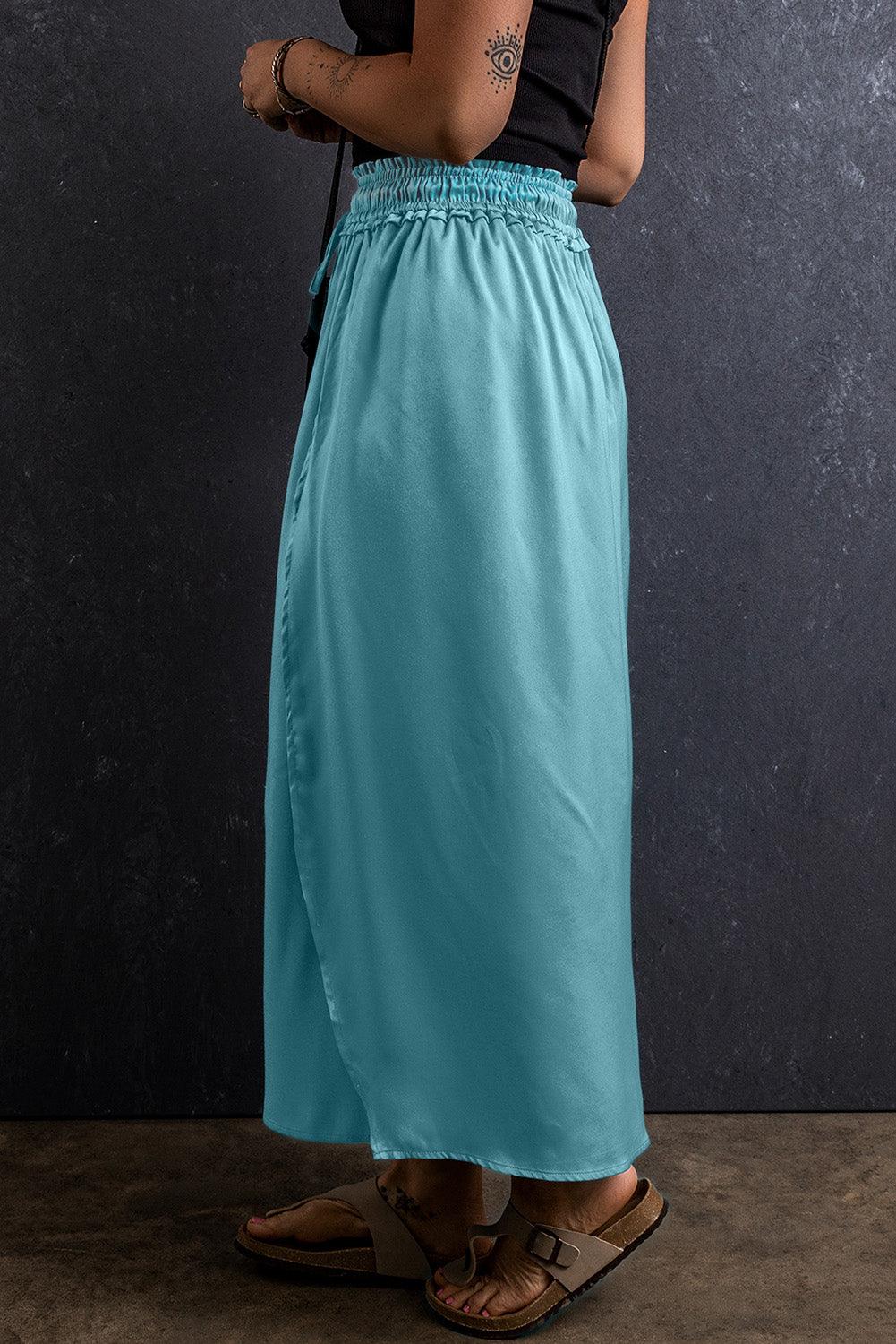 Peacock Blue Drawstring Split Side Flowy Long Skirt - L & M Kee, LLC