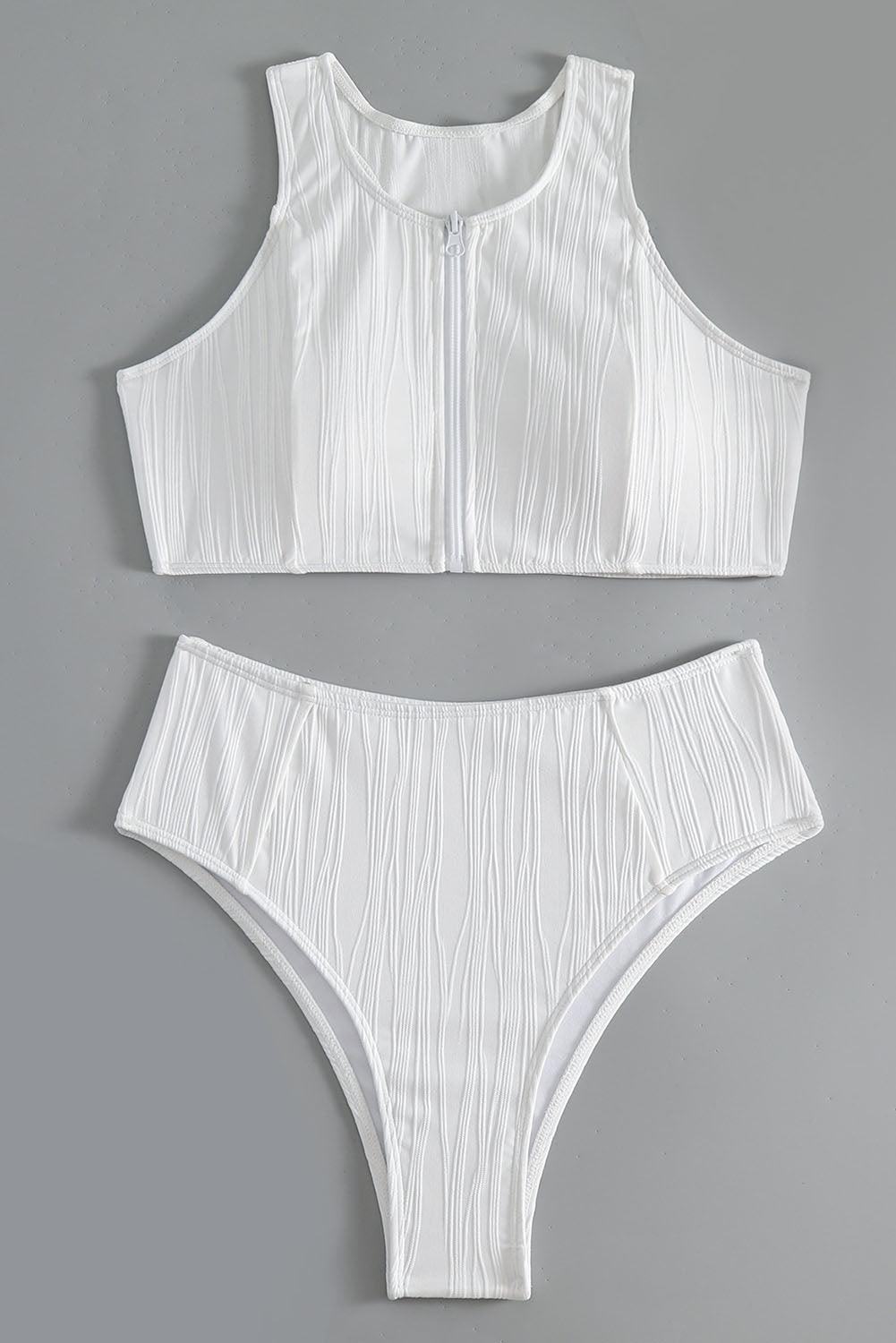 White Textured Zip up Racerback Swim Top High Waisted Bikini - L & M Kee, LLC