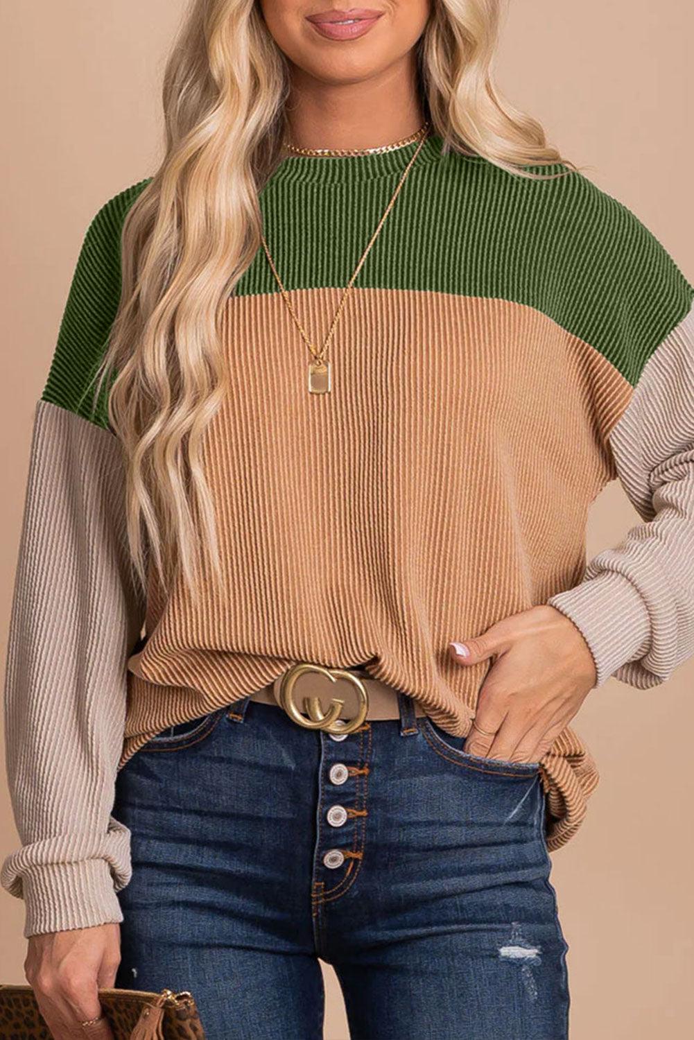 Green Color Block Long Sleeve Ribbed Loose Top - L & M Kee, LLC