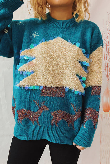 Peacock Blue Sequin Fuzzy Christmas Tree Tinsel Elk Drop Shoulder Sweater