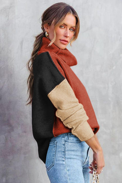 Khaki Color Block Turtle Neck Drop Shoulder Knit Sweater - L & M Kee, LLC