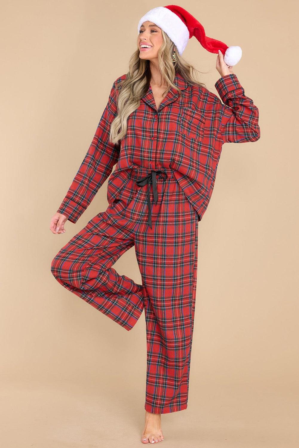 Fiery Red Tartan Plaid Print Long Sleeve Shirt and Pants Pajama Set - L & M Kee, LLC