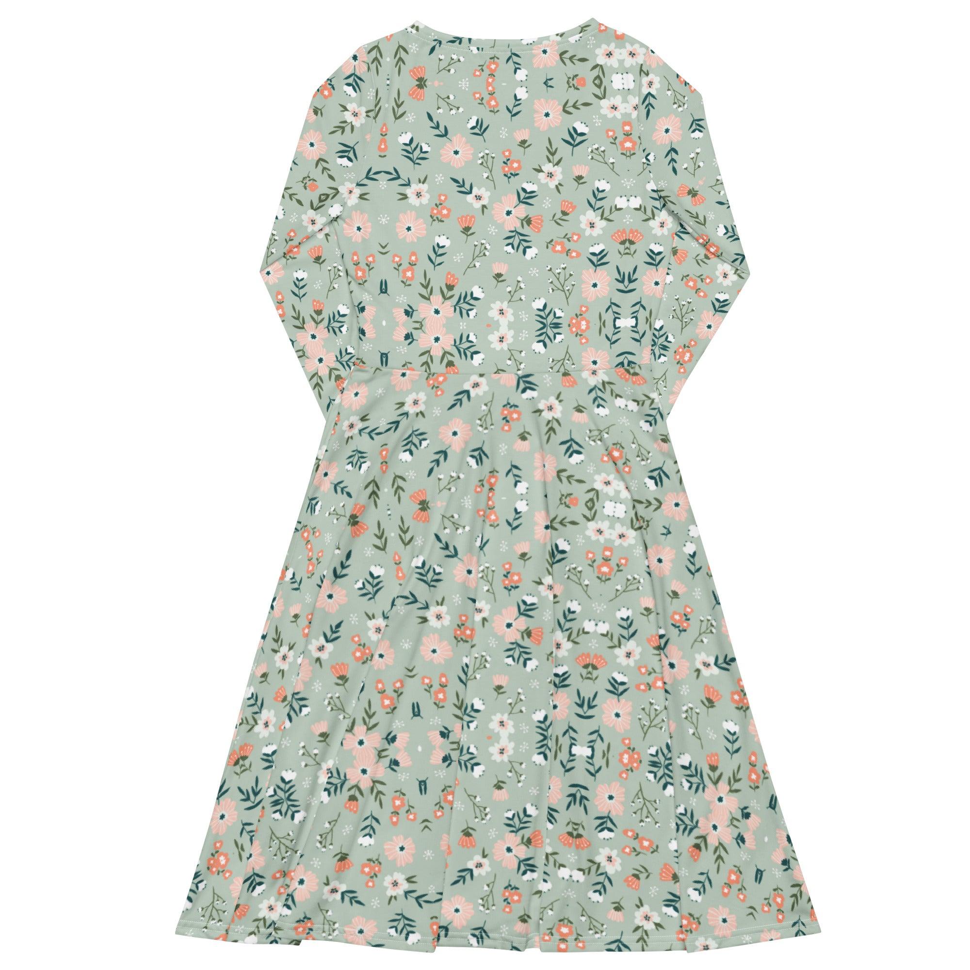 Green Floral Long Sleeve Midi Dress - L & M Kee, LLC