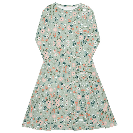 Green Floral Long Sleeve Midi Dress - L & M Kee, LLC