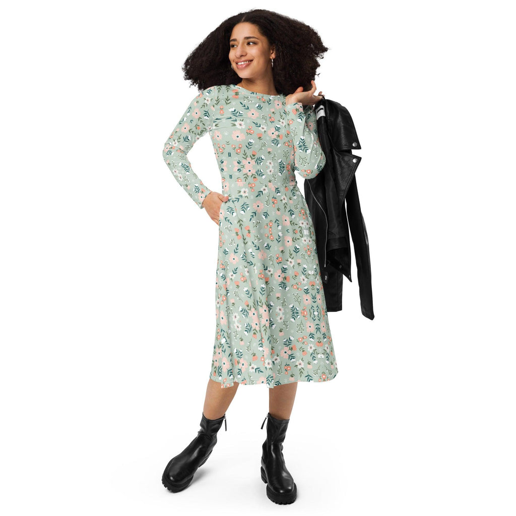 Green Floral Long Sleeve Midi Dress - L & M Kee, LLC