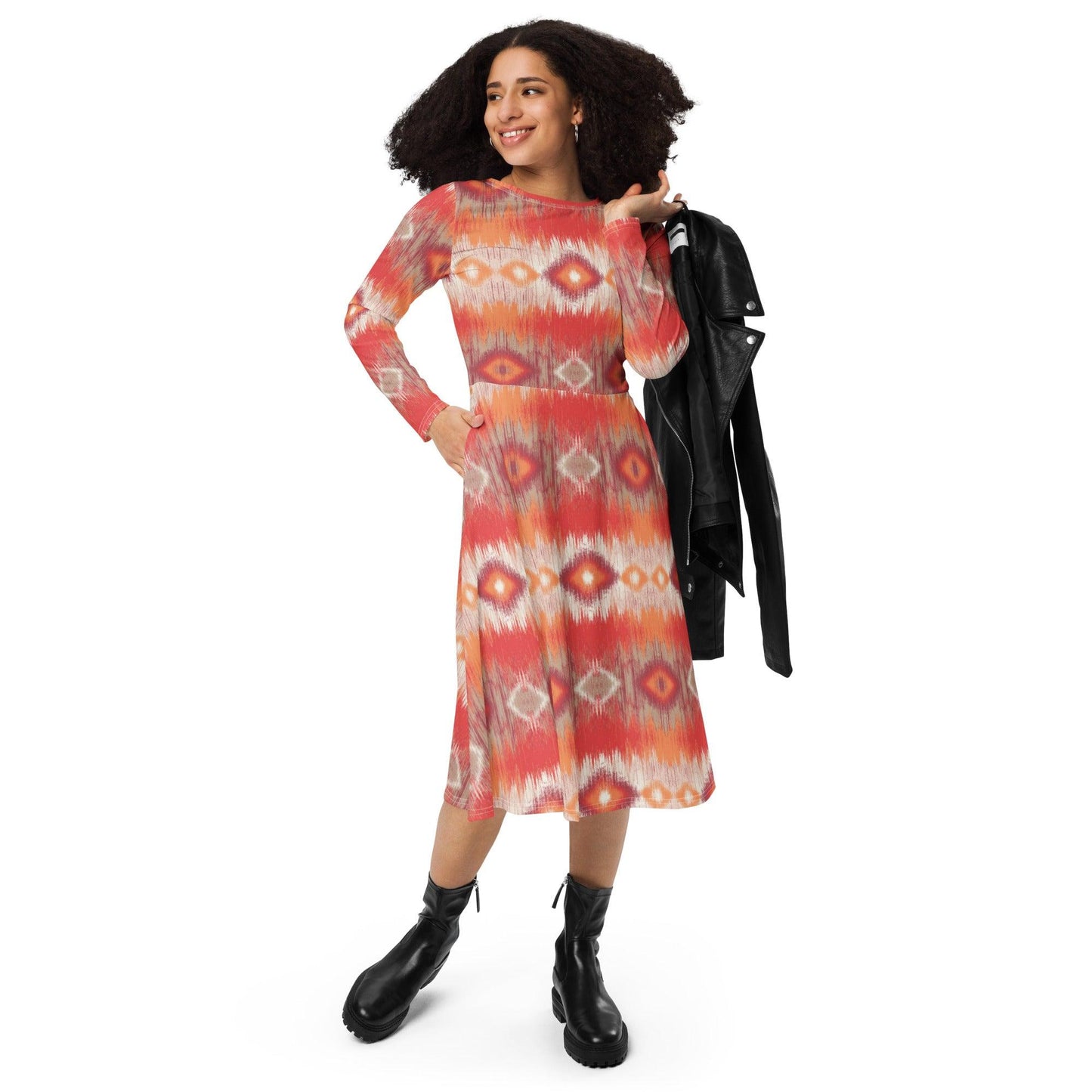 Autumn Aztec Diamonds Long Sleeve Midi Dress - L & M Kee, LLC