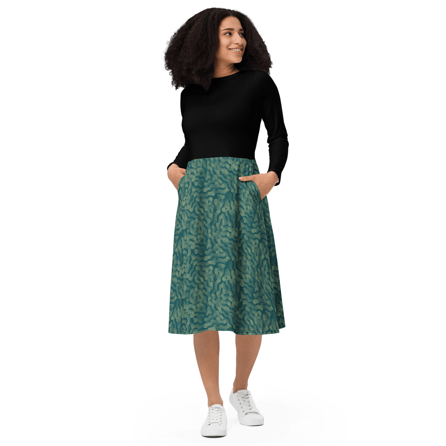 Black Green Swirl Long Sleeve Midi Dress - L & M Kee, LLC