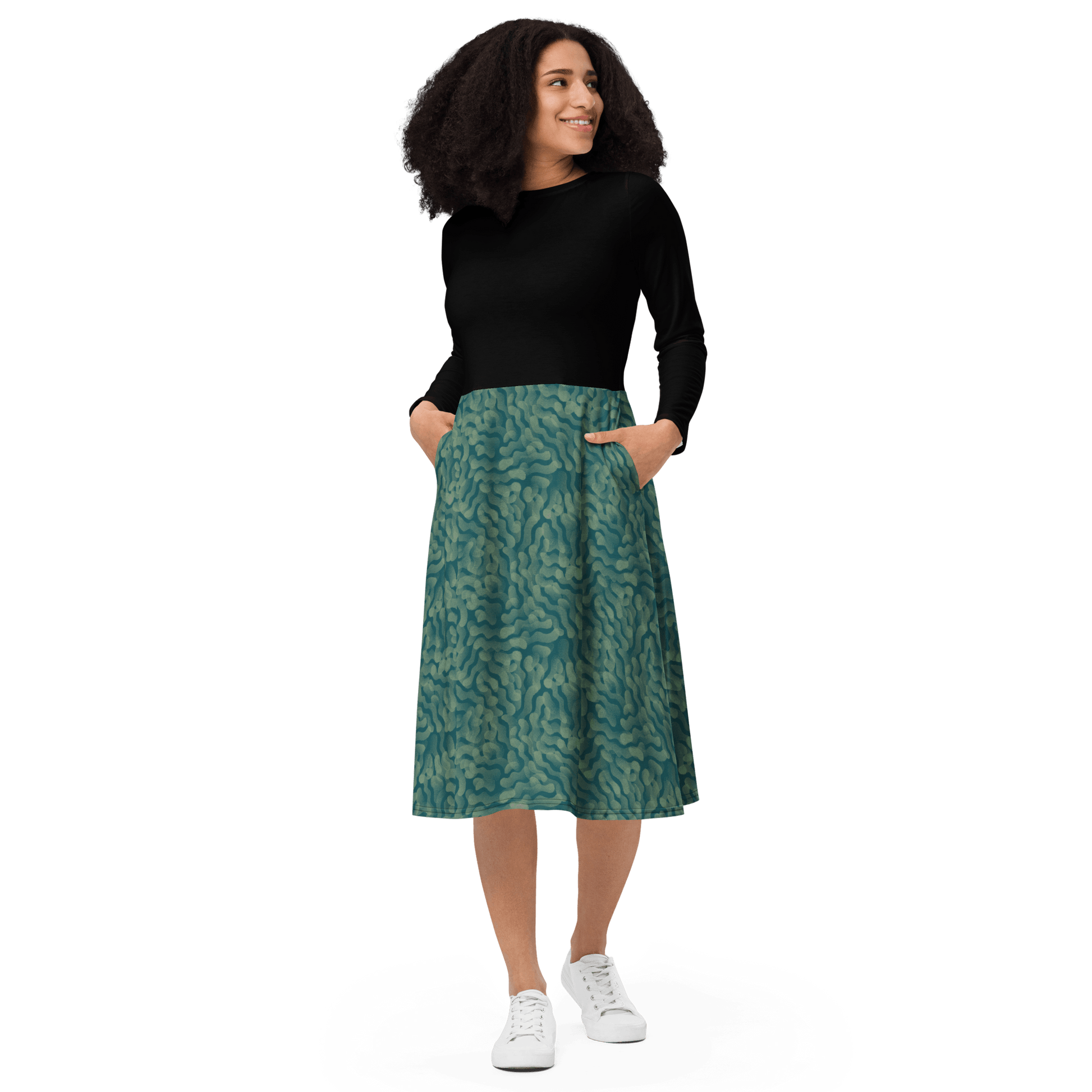 Black Green Swirl Long Sleeve Midi Dress - L & M Kee, LLC