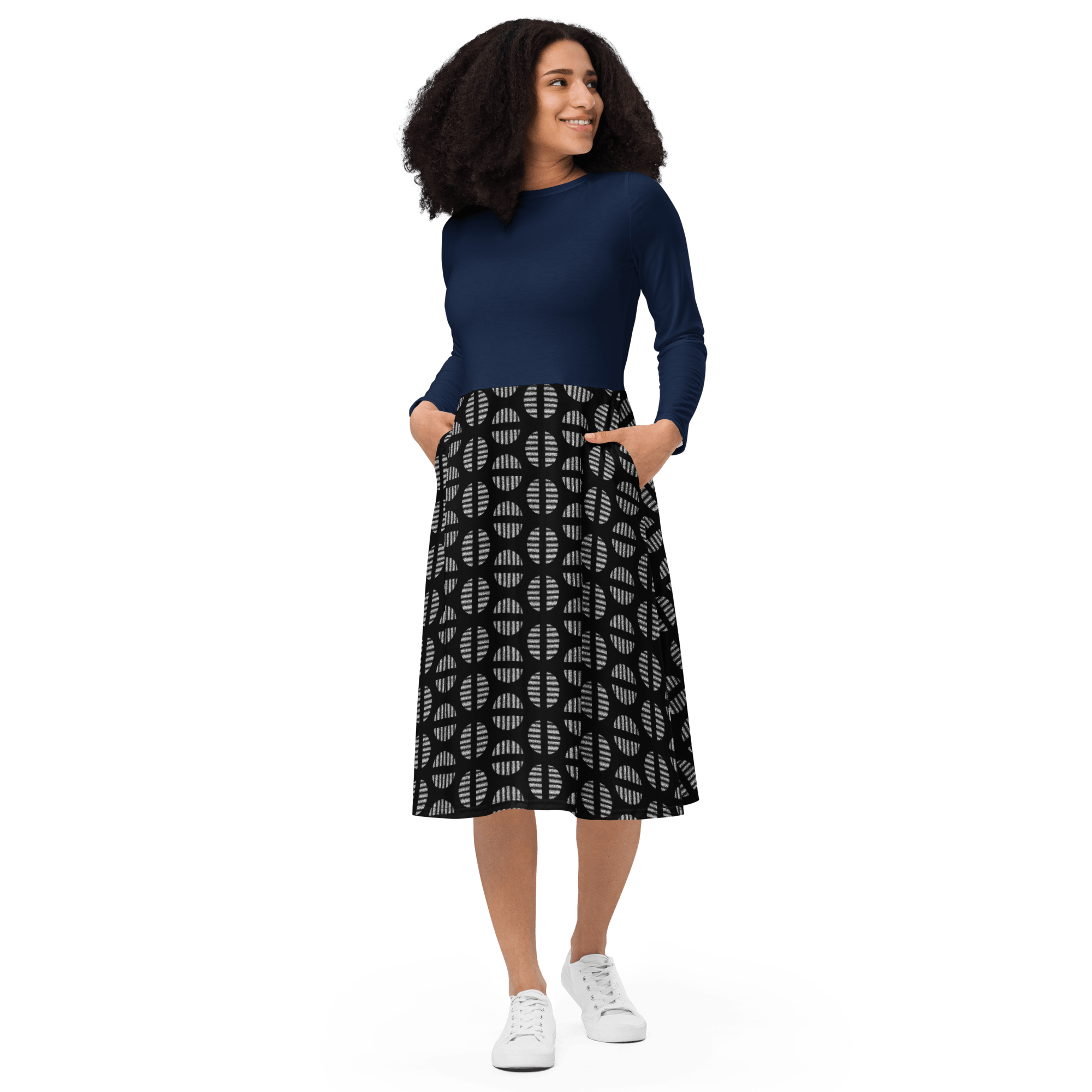 Navy Circle Long Sleeve Midi Dress - L & M Kee, LLC