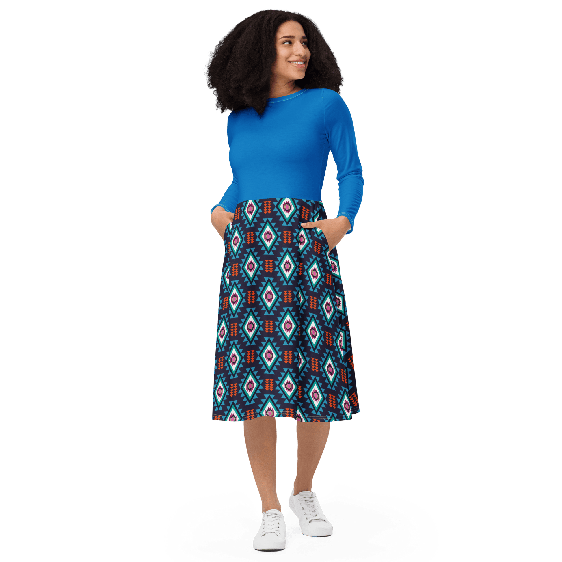 Blue Diamond Long Sleeve Midi Dress - L & M Kee, LLC