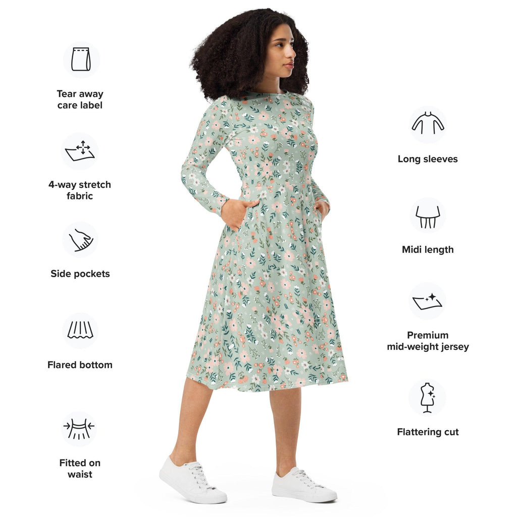 Green Floral Long Sleeve Midi Dress - L & M Kee, LLC