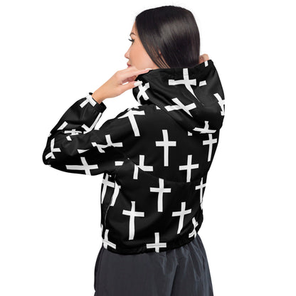 Womens Cropped Windbreaker Jacket - Black White Cross Print