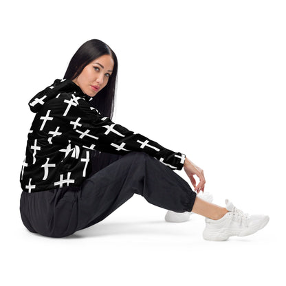 Womens Cropped Windbreaker Jacket - Black White Cross Print