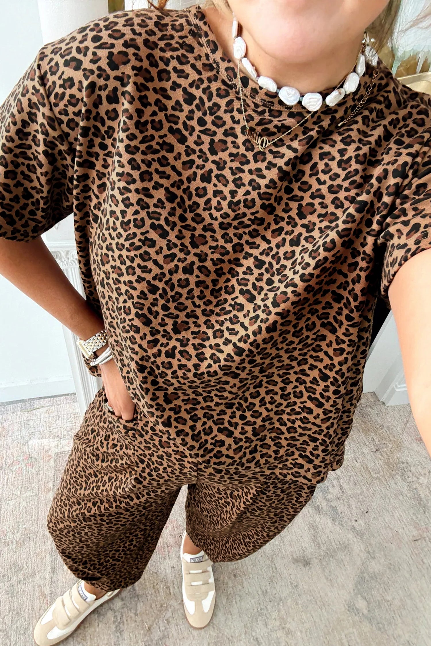Brown Leopard Loose Tee Drawstring Waist Barrel Pants Set