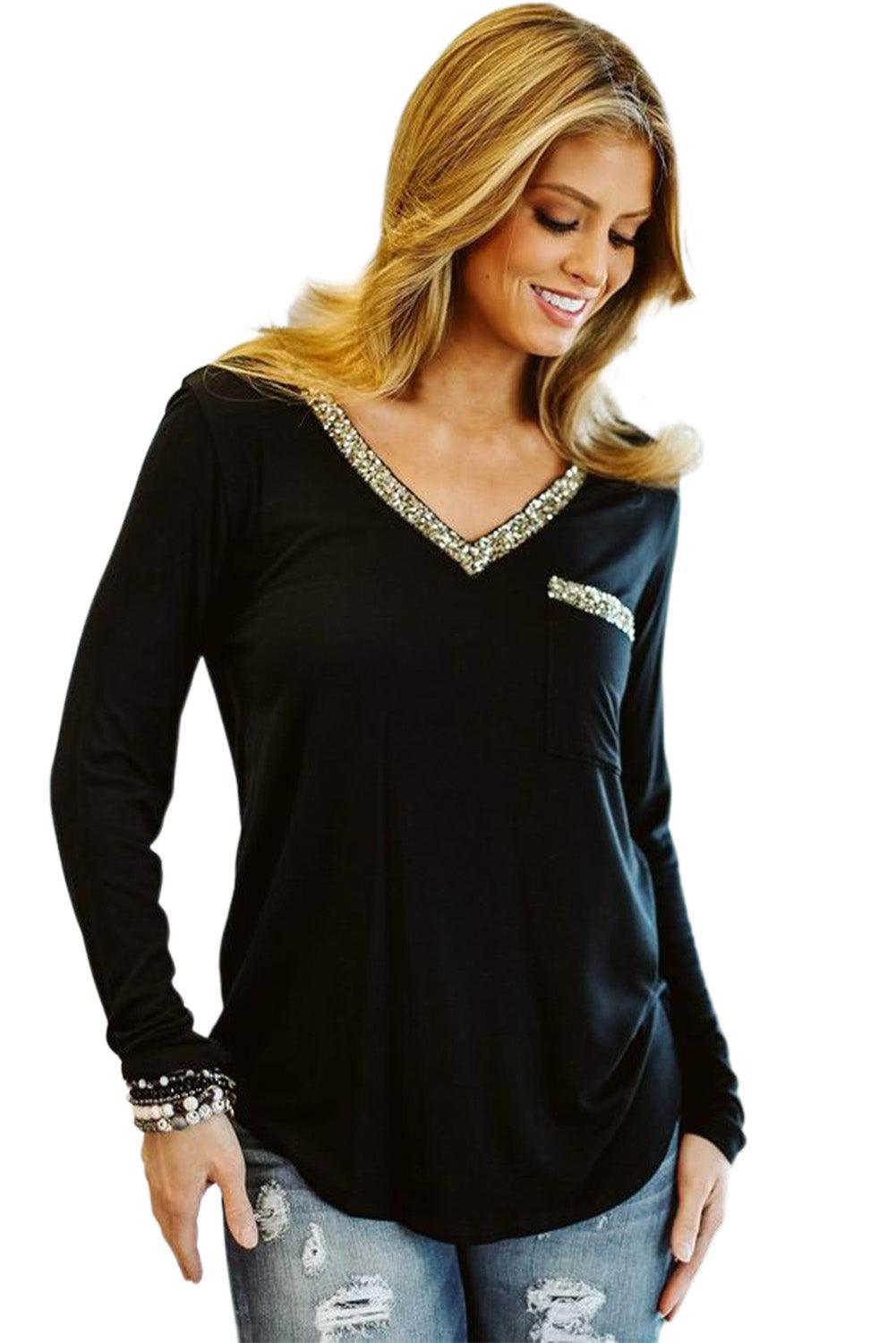 Black Glitter V Neck Chest Pocket Long Sleeve Top - L & M Kee, LLC