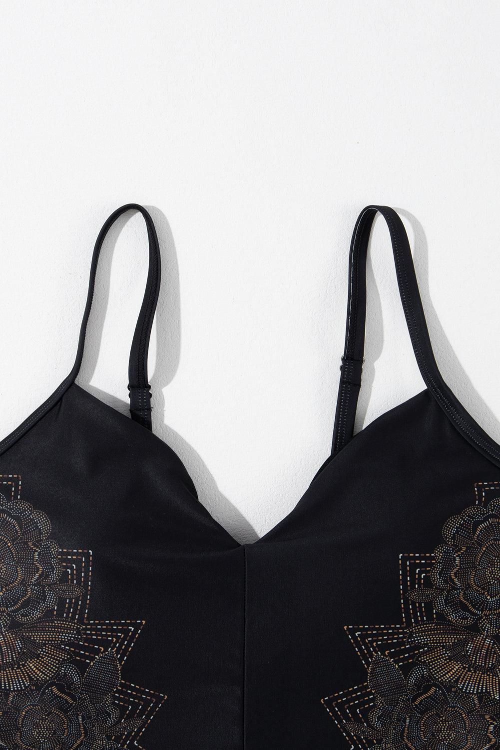 Black Petal Print Crisscross Back Spaghetti Straps Swimsuit - L & M Kee, LLC