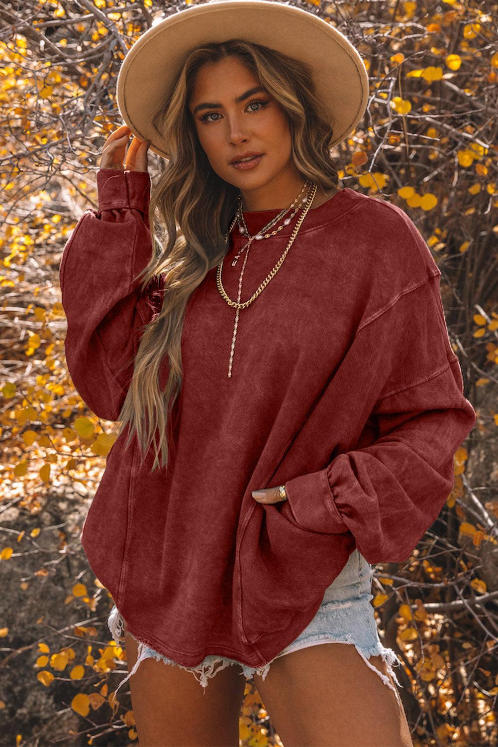 Red Exposed Seam Twist Open Back Oversized Sweatshirt - L & M Kee, LLC