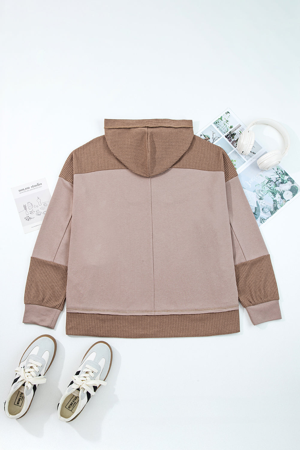 Goat Waffle Contrast Patchwork Plus Size Pocketed Hoodie