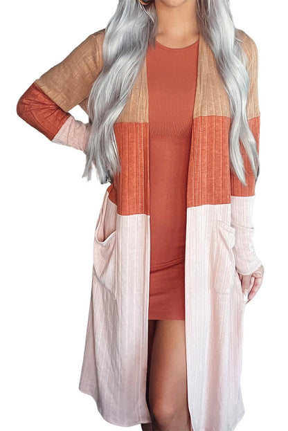 Orange Colorblock Pocketed Long Sleeve Cardigan - L & M Kee, LLC
