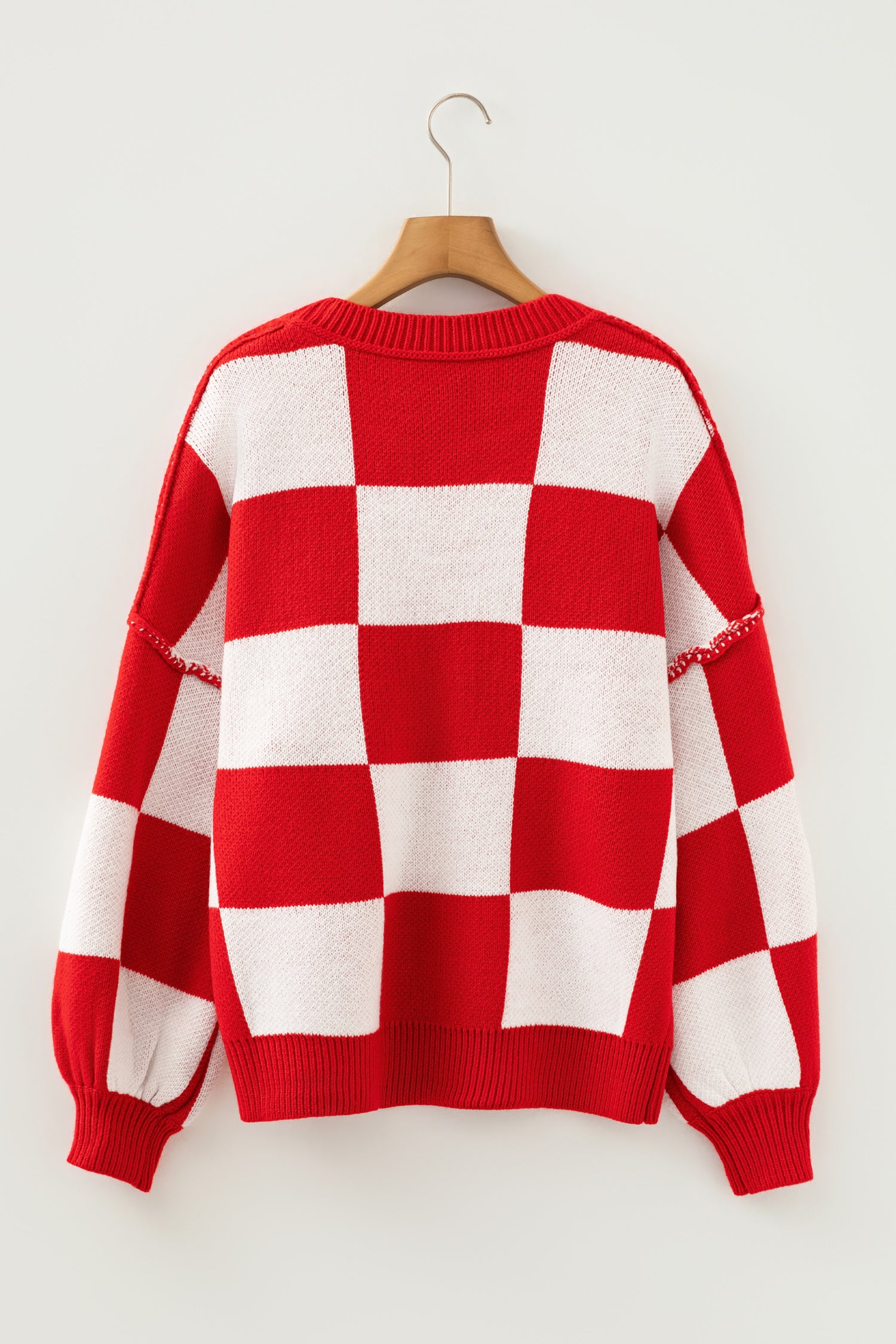 Fiery Red Checkered Bishop Sleeve Sweater