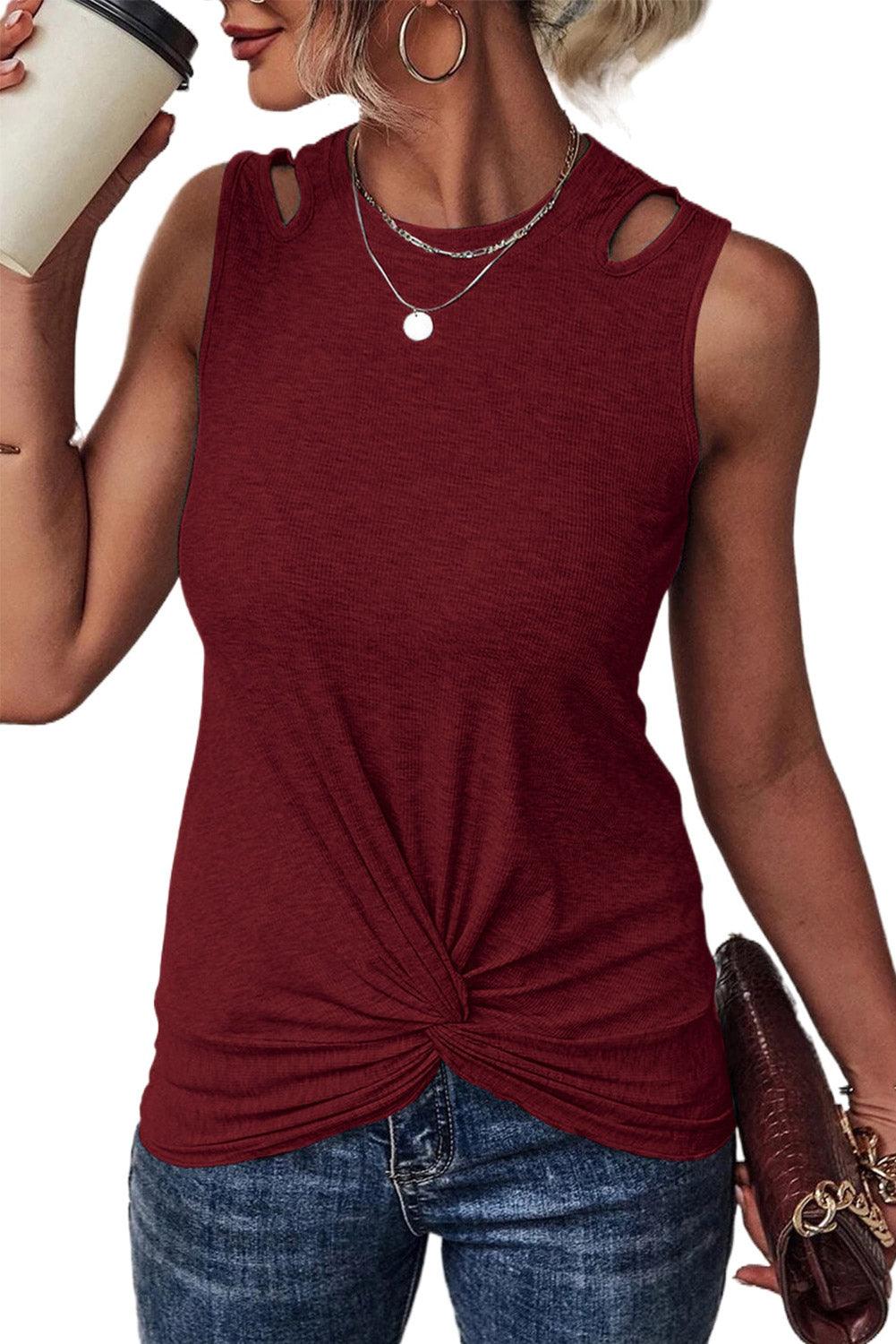 Rib Knit Cut-out Front Twist Tank Top - L & M Kee, LLC