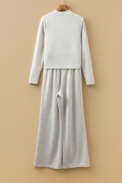 Light Grey Long Sleeve High Neck Slim Top Smocked Waist Central Seam Pants Set