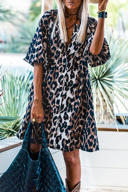 Black Leopard Puff Sleeve Buttons Front Shirt Dress - L & M Kee, LLC