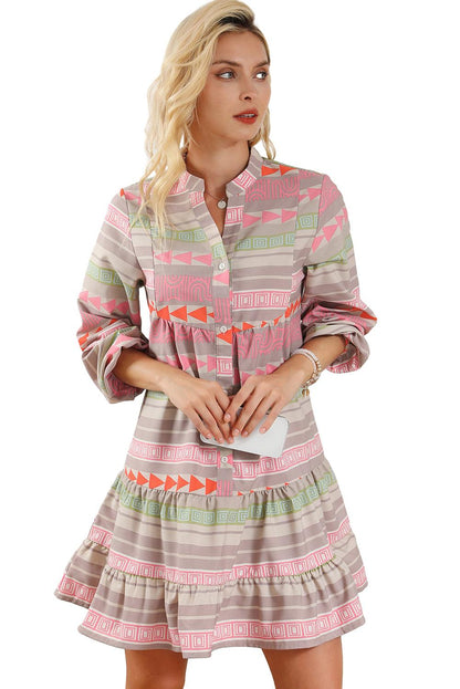 Multicolour Boho Print Puff Sleeve Buttoned Babydoll Dress - L & M Kee, LLC