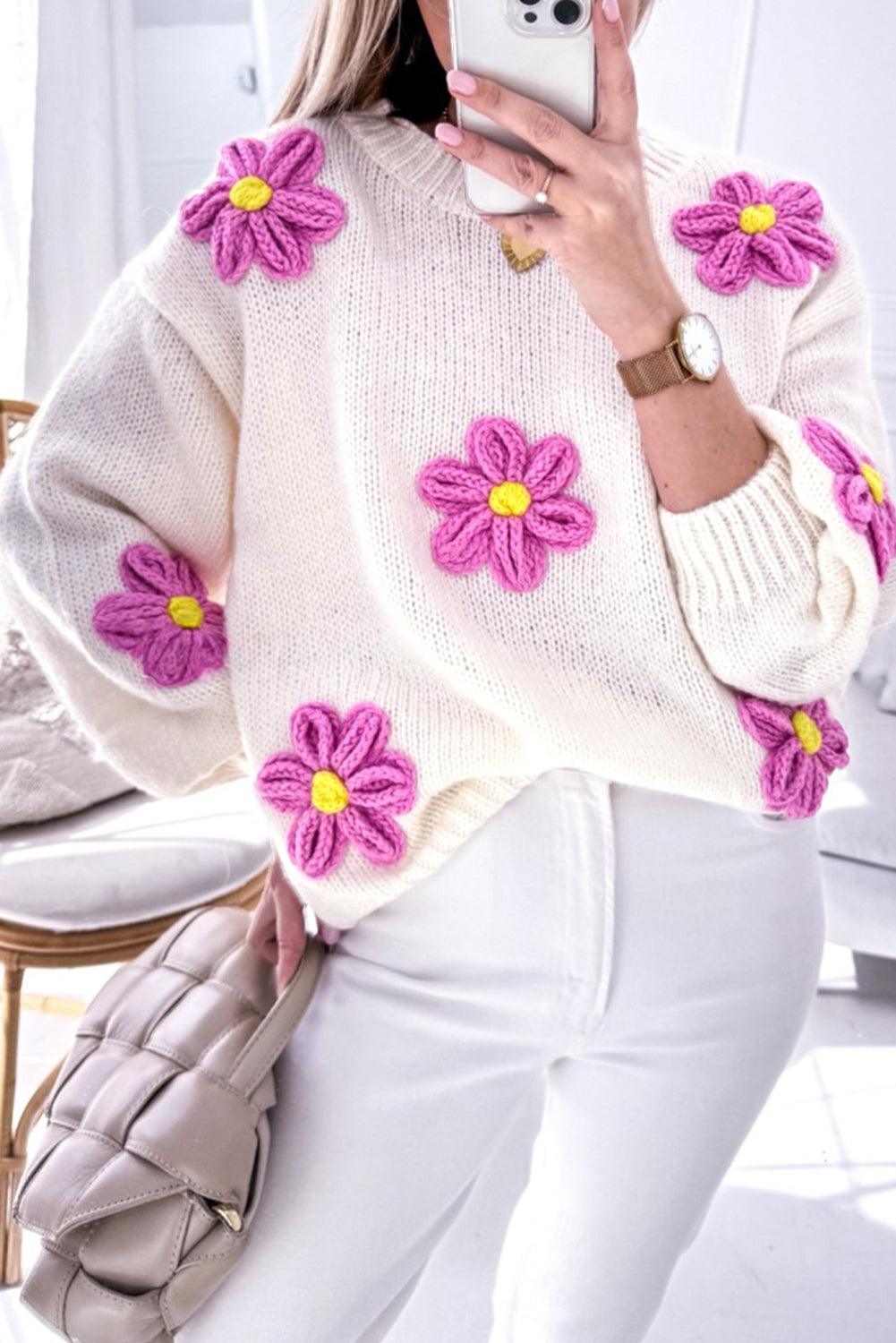 White Floral Crochet Chunky Knit Sweater - L & M Kee, LLC