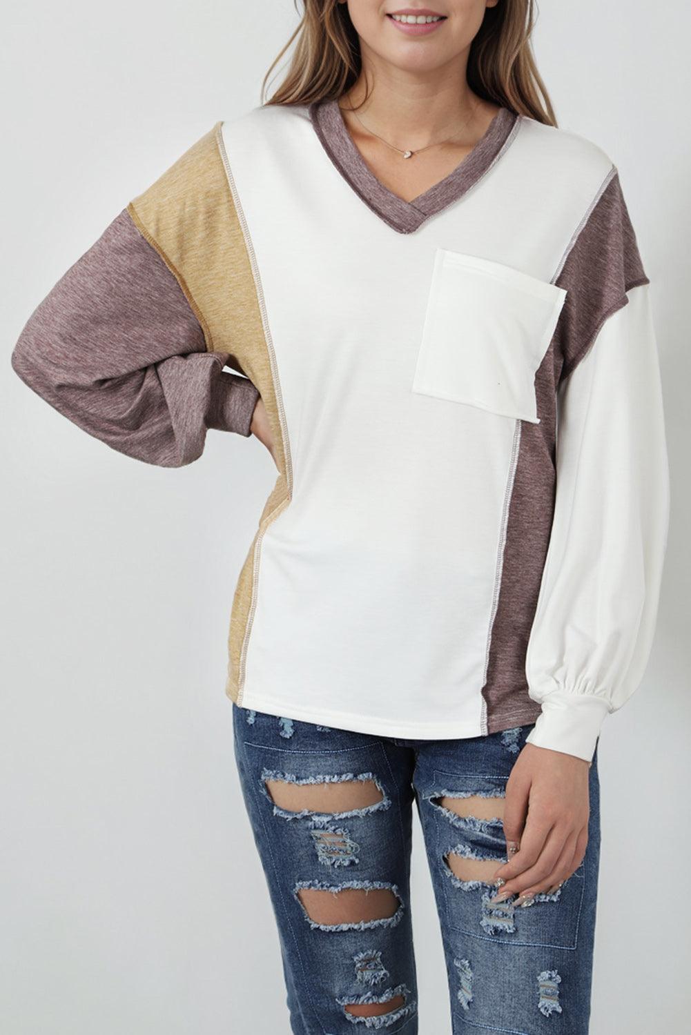 White Colorblock Patchwork Exposed Seam Knit Top - L & M Kee, LLC