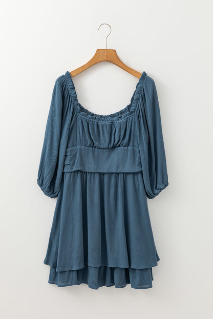 Real Teal Frilled Neckline 3/4 Sleeve Layered Ruched Mini Dress