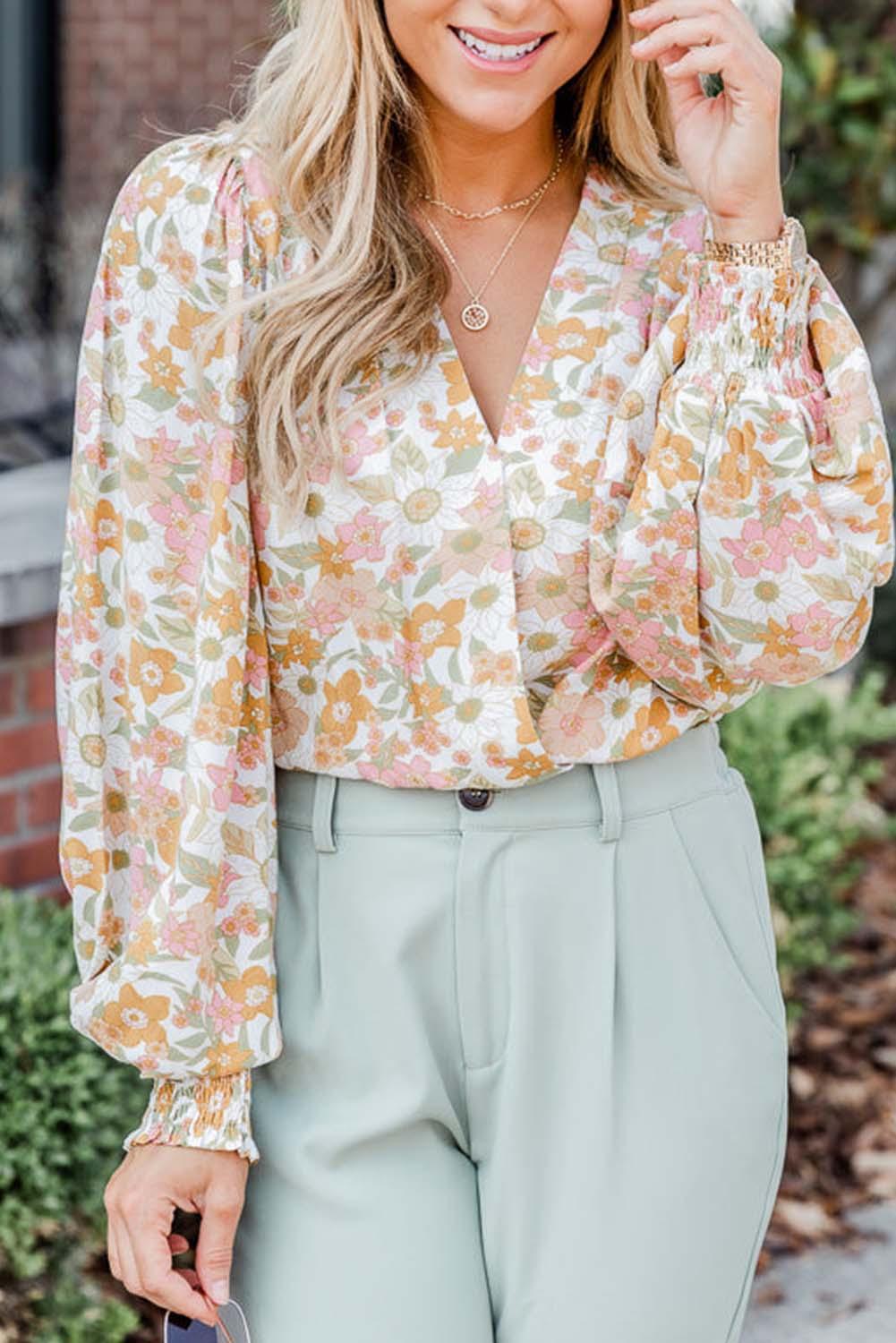 Multicolor Shirred Puff Sleeve V Neck Floral Bodysuit - L & M Kee, LLC