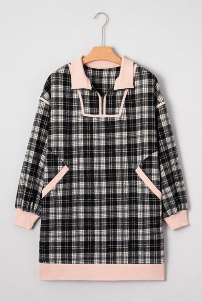 Black Plaid Polo Collar Zip up Contrast Trim Shift Long Sleeve Mini Dress