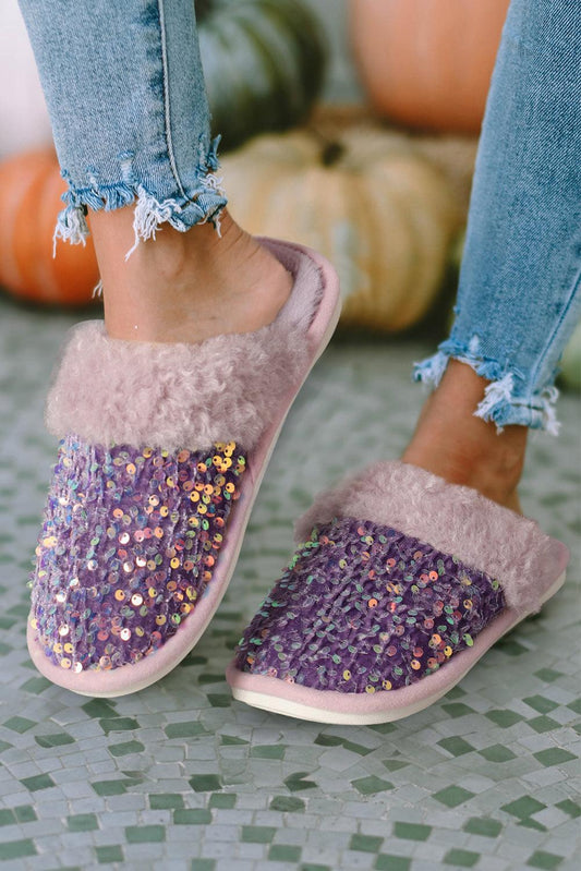 Tillandsia Purple Sequin Furry Indoor Winter Slippers - L & M Kee, LLC