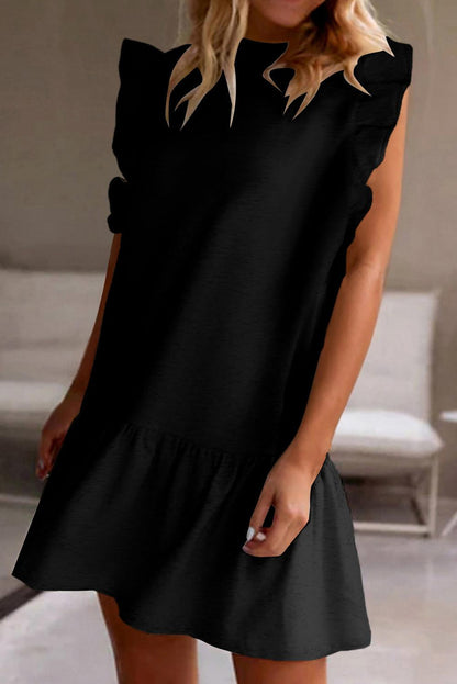 Black Flutter Sleeve Crew Neck Shift Dress - L & M Kee, LLC