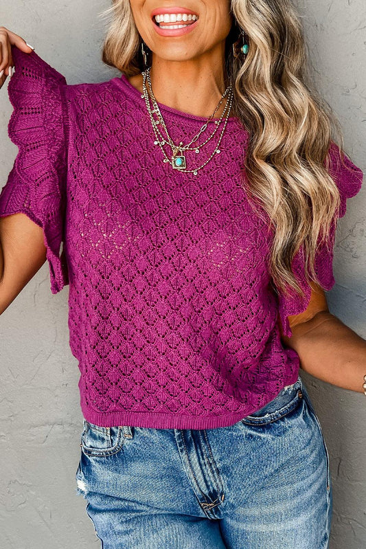 Violet Ruffled Short Sleeve Textured Knit Sweater - L & M Kee, LLC