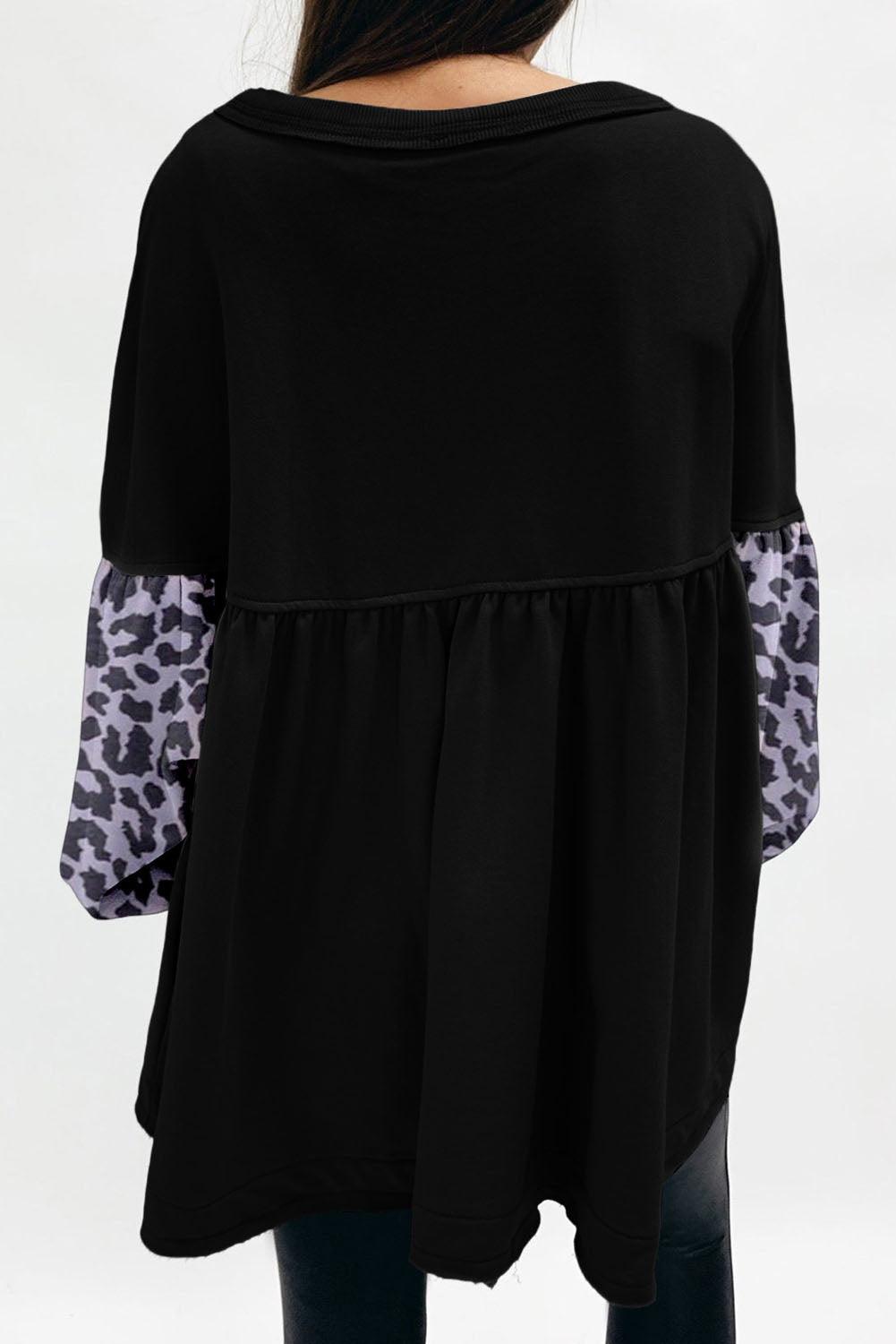 Black Leopard Splicing Sleeve Ruffle Loose Sweatshirt - L & M Kee, LLC