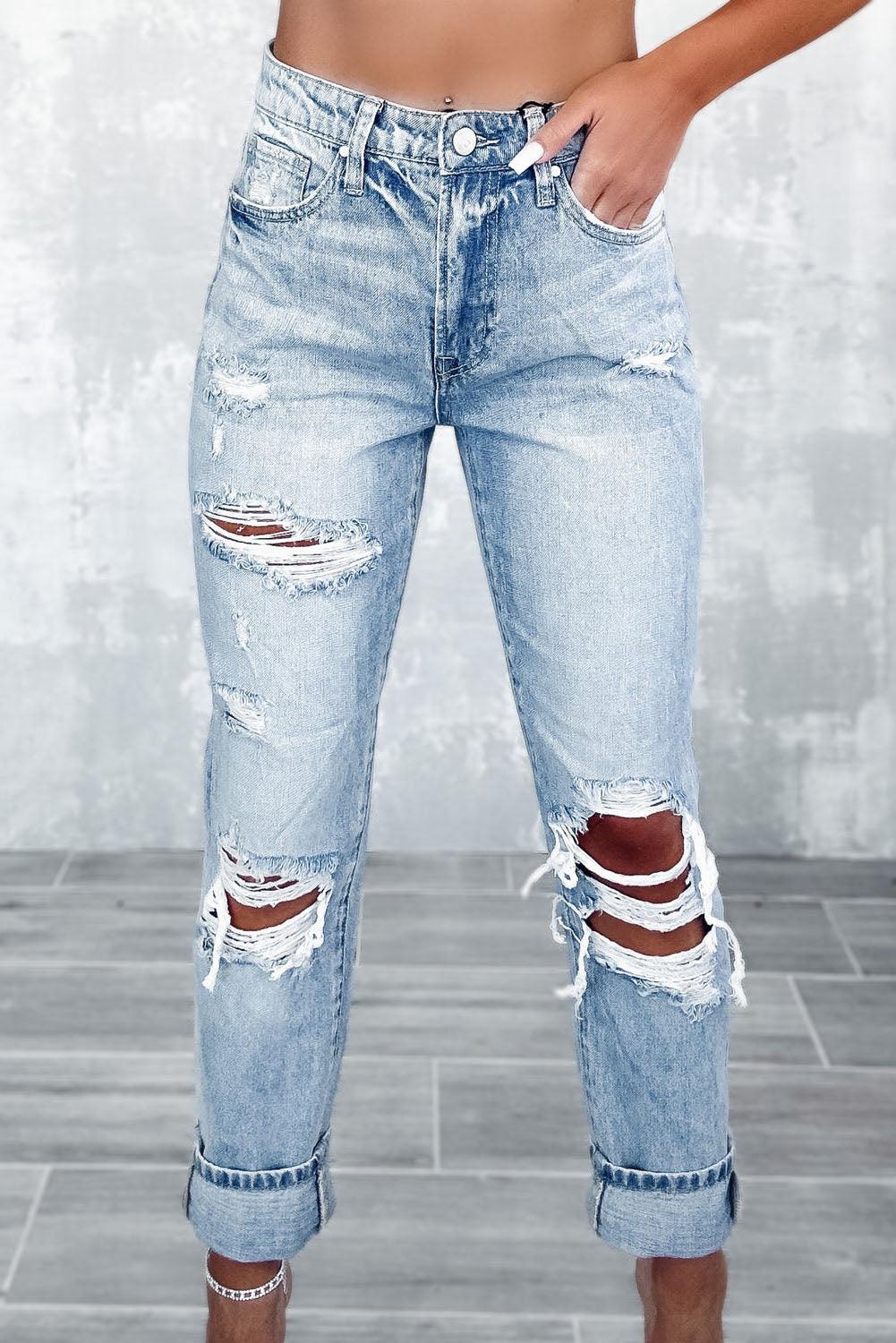 Sky Blue Light Wash Frayed Slim Fit High Waist Jeans - L & M Kee, LLC