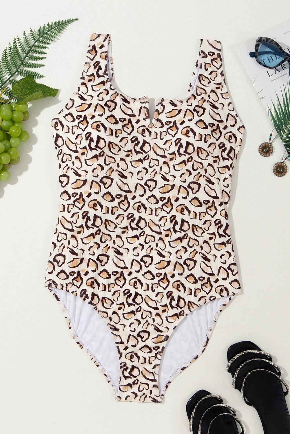 Khaki Leopard Print Notched Neck One Piece Swimsuit - L & M Kee, LLC