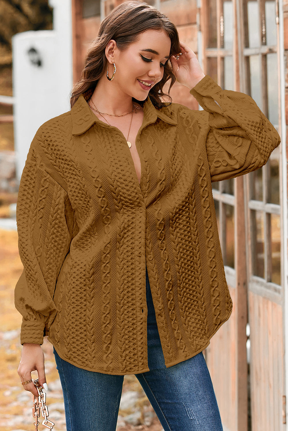 Blackish Green Cable Texture Puff Sleeve Loose Shacket