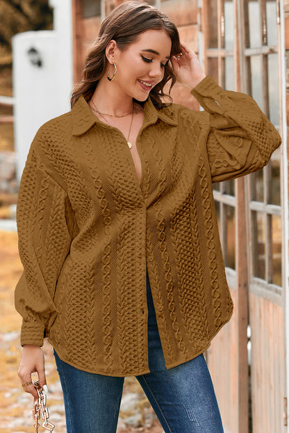 Blackish Green Cable Texture Puff Sleeve Loose Shacket